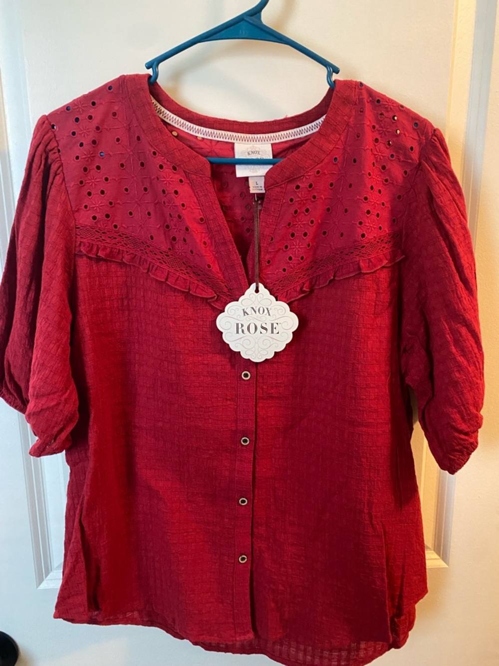 Knox Rose Women's Boho Eyelet Button Up Red Tunic Blouse
